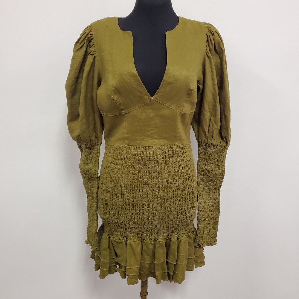 Joslin Womens Morgan Linen Mini Dress Size 8 Green Festival Renaissance Designer